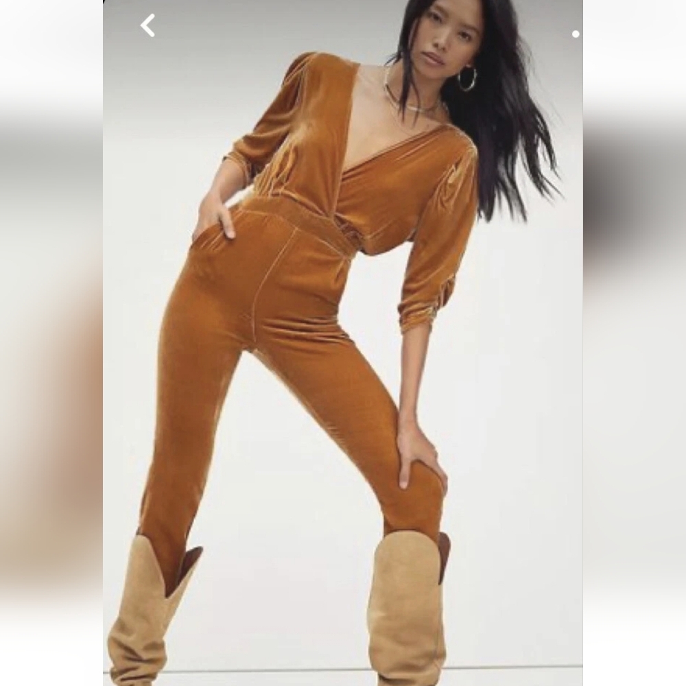 Jen's Pirate Booty Free People Velvet Runway Jumpsuit in Rust Gold 🥰